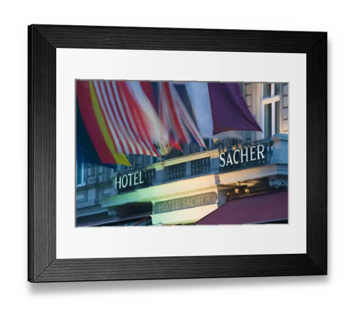 Framed Print : AUSTRIA-Vienna: Hotel Sacher Exterior (Home of the Sacher Torte) / Evening Framed Print : AUSTRIA-Vienna: Hotel Sacher Exterior (Home of the Sacher Torte) / Evening