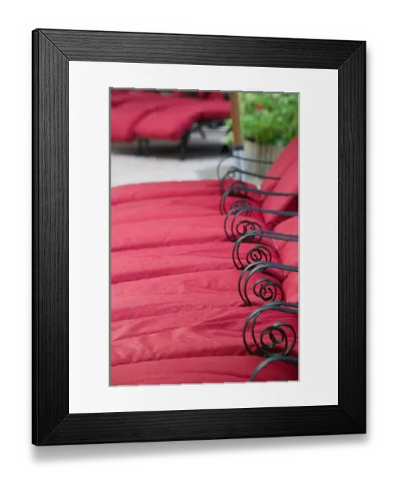Framed Print : ABC Islands - ARUBA - Palm Beach: Red Chaise Lounge Seating by Pool