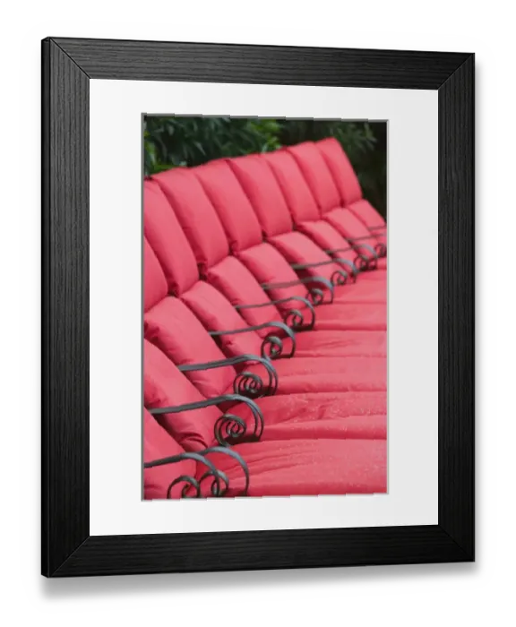 Framed Print : ABC Islands - ARUBA - Palm Beach: Red Chaise Lounge Seating by Pool