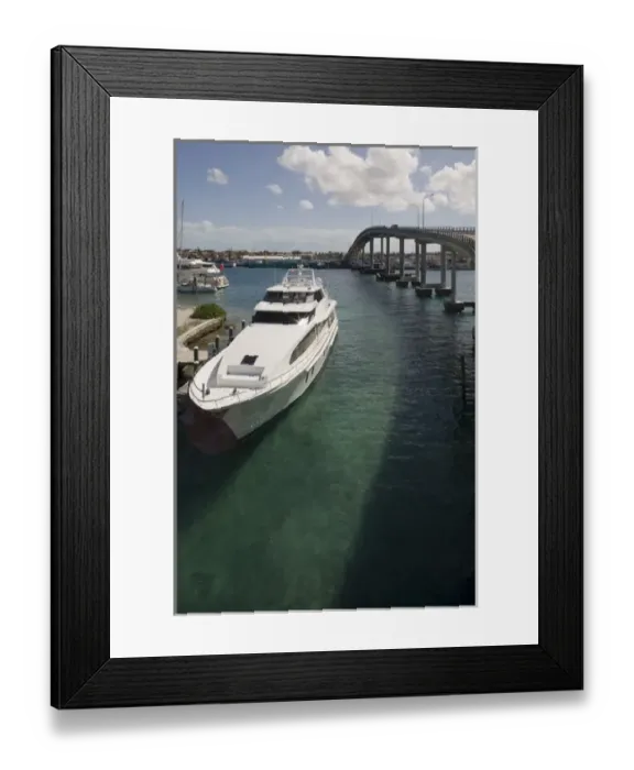 Framed Print : Bahamas, Paradise Island, Yacht moored under Paradise Island Bridge near Atlantis Resort Framed Print : Bahamas, Paradise Island, Yacht moored under Paradise Island Bridge near Atlantis Resort