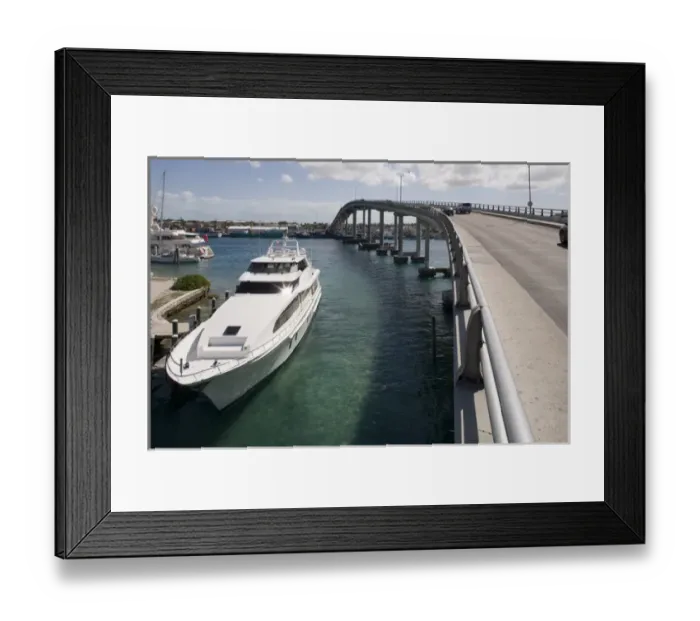 Framed Print : Bahamas, Paradise Island, Yacht moored under Paradise Island Bridge near Atlantis Resort Framed Print : Bahamas, Paradise Island, Yacht moored under Paradise Island Bridge near Atlantis Resort