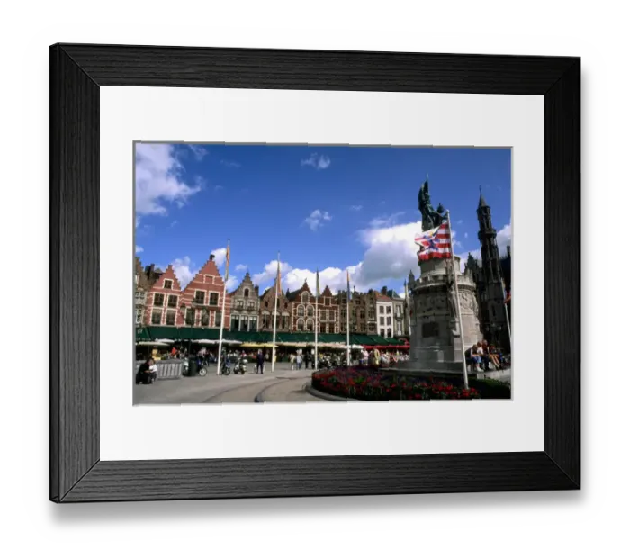 Framed Print : Belgium statue called The Visitors and old buildings in the colorful city of Bruges Framed Print : Belgium statue called The Visitors and old buildings in the colorful city of Bruges