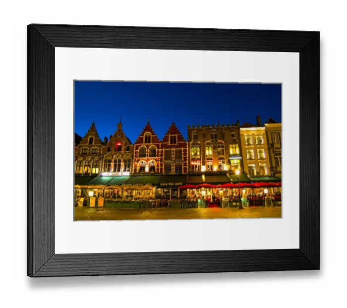 Framed Print : Belgium night photo of colorful cafes in Marketplace in downtown Bruges Belgium Framed Print : Belgium night photo of colorful cafes in Marketplace in downtown Bruges Belgium