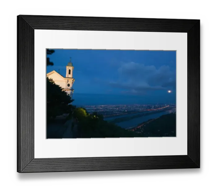 Framed Print : AUSTRIA-Vienna: UNO City & Danube River  /  Evening from Leopoldsberg  /  with Leopoldsberg