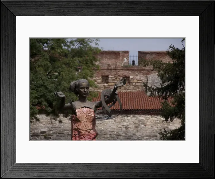 Framed Print : Bulgaria, Port city of Vidin. Bronze statue in front of Bulgarian fortress of Baba