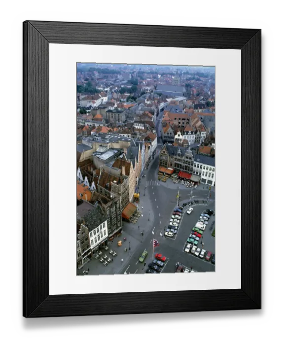 Framed Print : Europe, Belgium, Brugge. Rooftops and roads are all in view from the Tower in Brugge