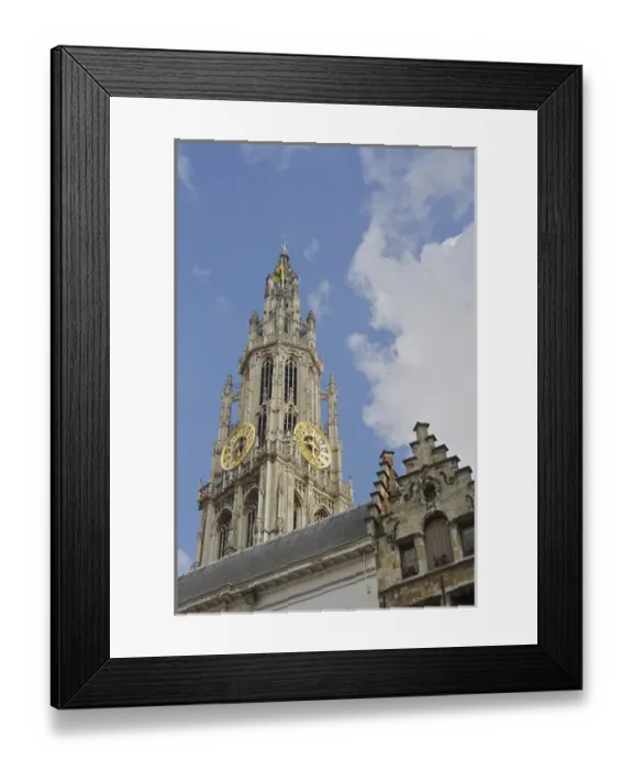 Framed Print : Europe, Belgium, Antwerp. Antwerp Kathedraals Tower seen from the Grote Markt