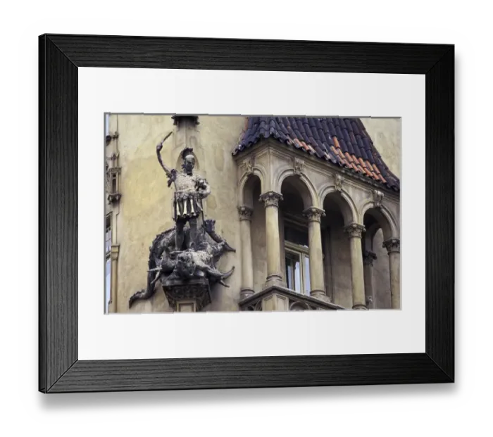 Framed Print : Europe, Czech Republic, Prague. Statue on old building with balcony