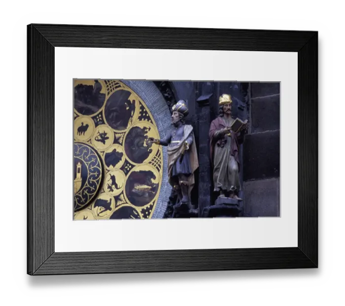 Framed Print : Europe, Czech Republic, Prague. Two figures next to the Old Town Clock Tower Calendar Framed Print : Europe, Czech Republic, Prague. Two figures next to the Old Town Clock Tower Calendar