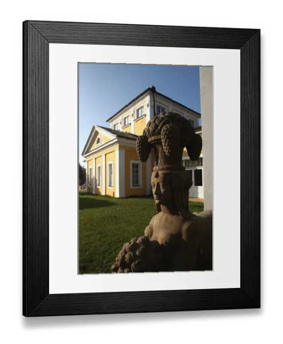 Framed Print : Europe, Czech Republic, Frantiskovy Lazne. Statue of Sphinx in front of a spa hall
