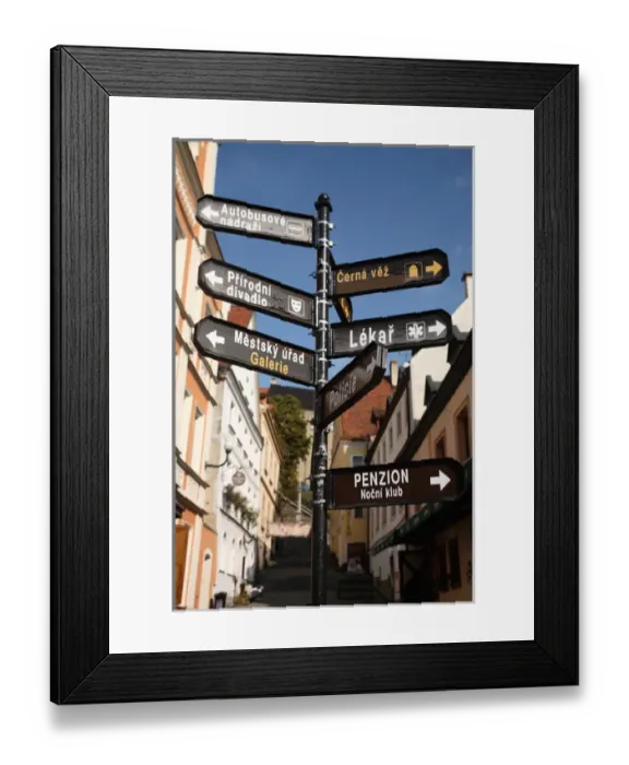 Framed Print : Europe, Czech Republic, West Bohemia, city of Loket. A street sign in old town of Loket