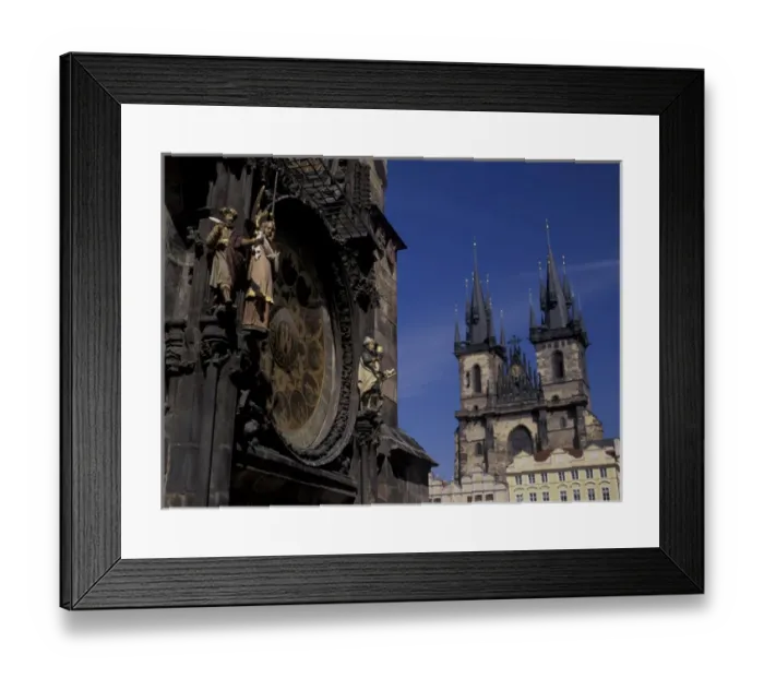 Framed Print : Europe, Czech Republic, Prague. Old town hall, Tyn Church. Astronomical Clock (Medium Framed Print : Europe, Czech Republic, Prague. Old town hall, Tyn Church. Astronomical Clock (Medium