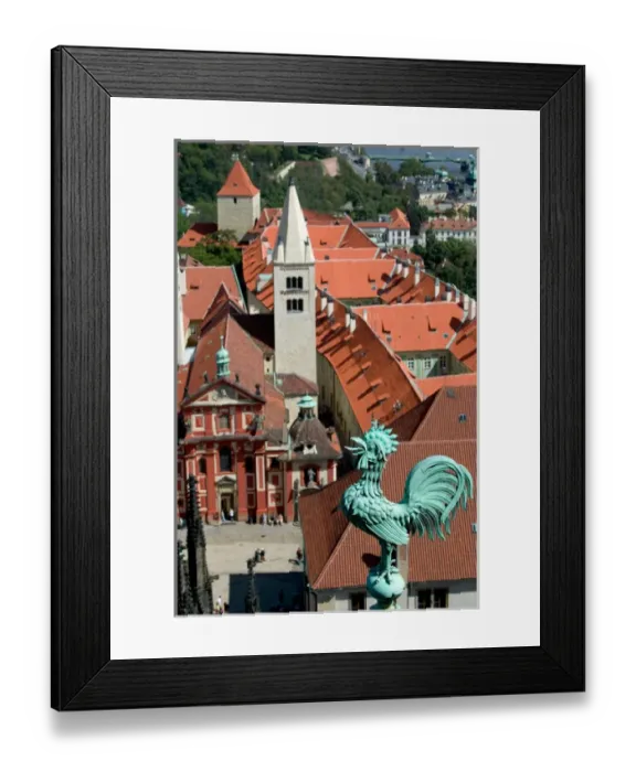 Framed Print : Copper rooster on roof of Saint Vituss Cathedral with Saint Georges Basilica Framed Print : Copper rooster on roof of Saint Vituss Cathedral with Saint Georges Basilica