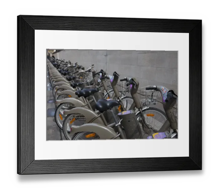 Framed Print : Europe, France, Paris. Line of bicycles for rent in the Velib bike transit system