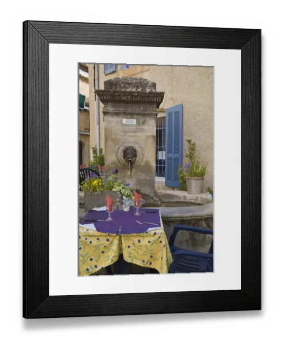 Framed Print : France, Provence, Lourmarin. Outdoor cafe tables wait for customers Framed Print : France, Provence, Lourmarin. Outdoor cafe tables wait for customers