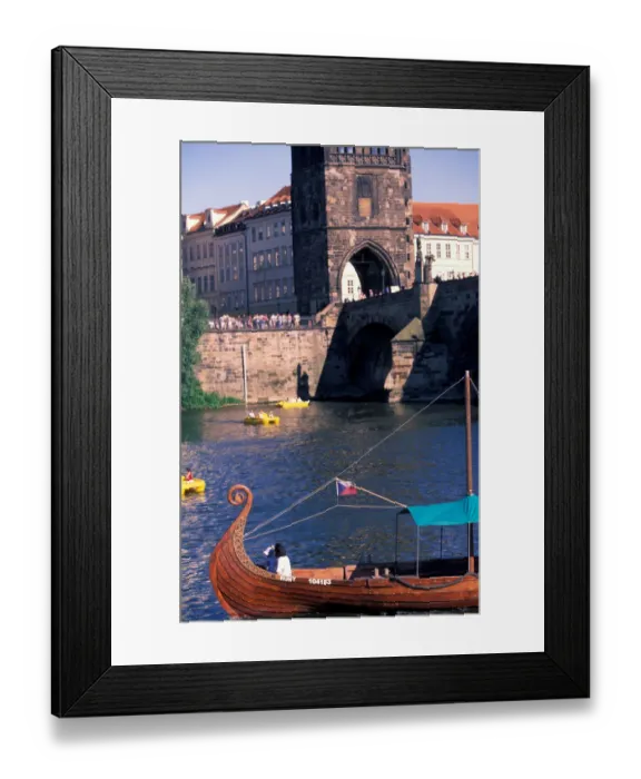 Framed Print : Europe, Czech Republic, Prague, Castle and traditional river boat Framed Print : Europe, Czech Republic, Prague, Castle and traditional river boat