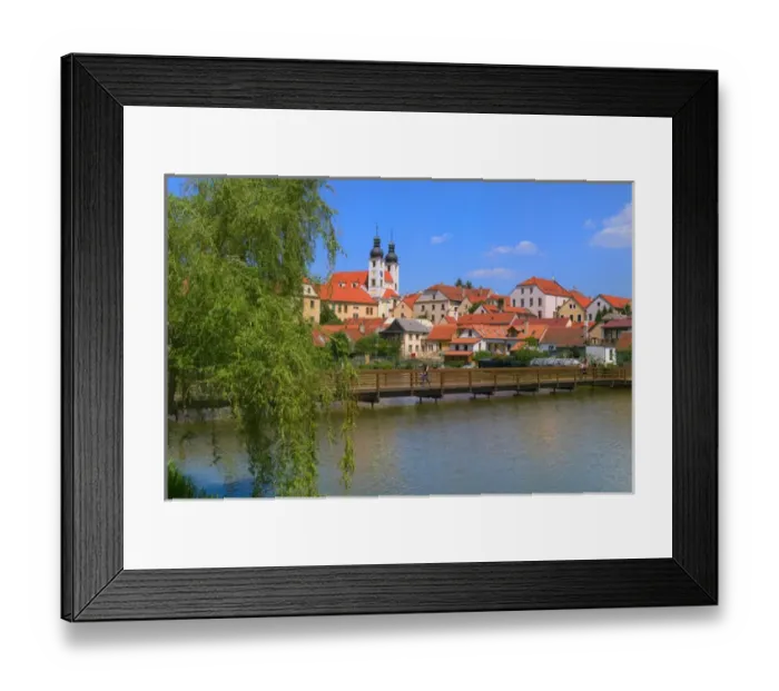 Framed Print : Cityscape 16th-century Renaissance houses in Telc by artificial pond, Moravia, Czech Framed Print : Cityscape 16th-century Renaissance houses in Telc by artificial pond, Moravia, Czech