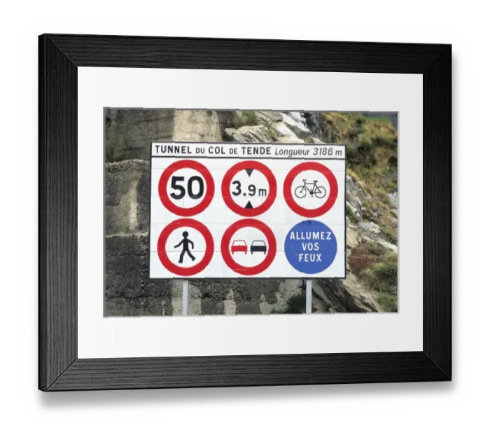 Framed Print : Signs at an entrance to a tunnel in France. french, france, francaise, francais