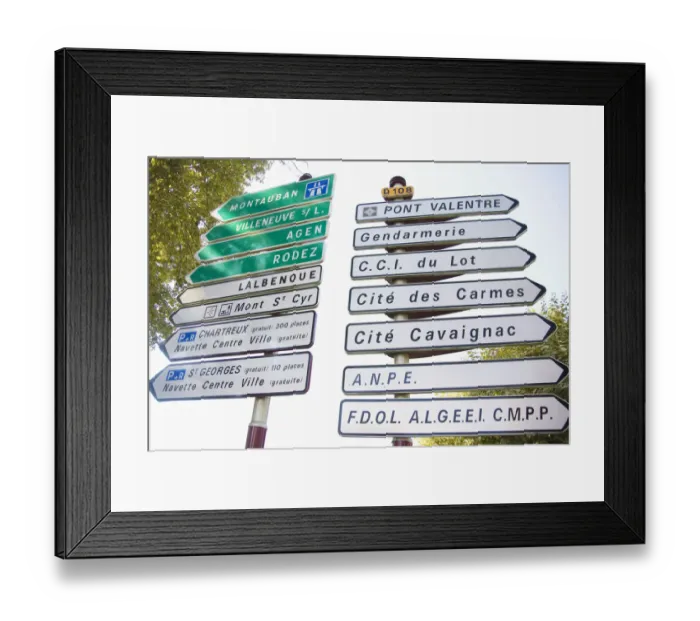 Framed Print : FRANCE, Midi-Pyrenees, Lot Department, Cahors. Many street signs in Cahors for walkers Framed Print : FRANCE, Midi-Pyrenees, Lot Department, Cahors. Many street signs in Cahors for walkers