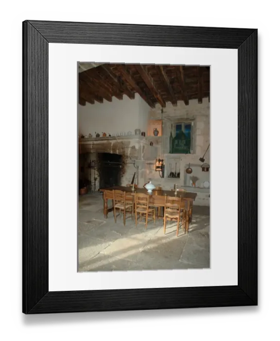 Framed Print : 03. France, Burgundy, Maconnais region, Chateau de Pierreclos, Medieval kitchen 