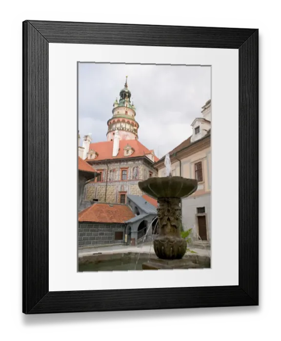 Framed Print : caste tower and fontain, Czech Republic, Ceske Krumlov, World Heritage Site
