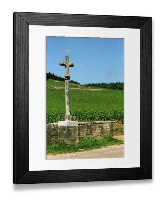 Framed Print : The stone cross marking the Romanee Conti and Richebourg vineyards of Domaine de Framed Print : The stone cross marking the Romanee Conti and Richebourg vineyards of Domaine de