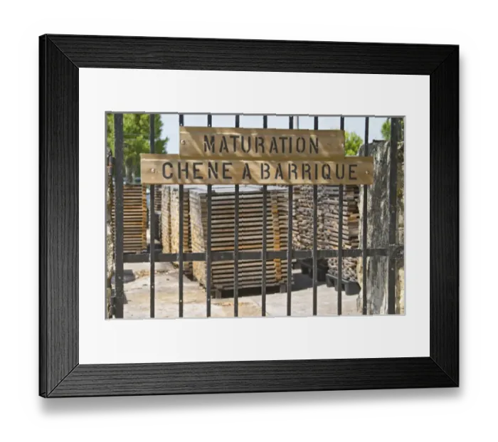 Framed Print : Bel Air stores its own oak staves to be used later for making barrels, the sign says Framed Print : Bel Air stores its own oak staves to be used later for making barrels, the sign says