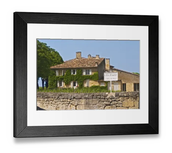 Framed Print : A white sign saying Clos Fourtet 1er premier first Grand Cru Classe and the chateau building itself Framed Print : A white sign saying Clos Fourtet 1er premier first Grand Cru Classe and the chateau building itself
