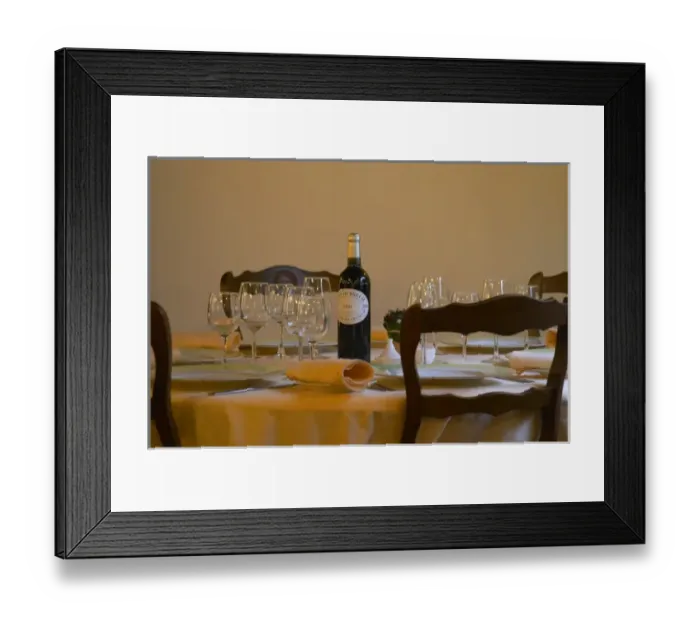 Framed Print : Restaurant at the Hotel de France in Branne, a bottle of Chateau du Breuil Saint Framed Print : Restaurant at the Hotel de France in Branne, a bottle of Chateau du Breuil Saint