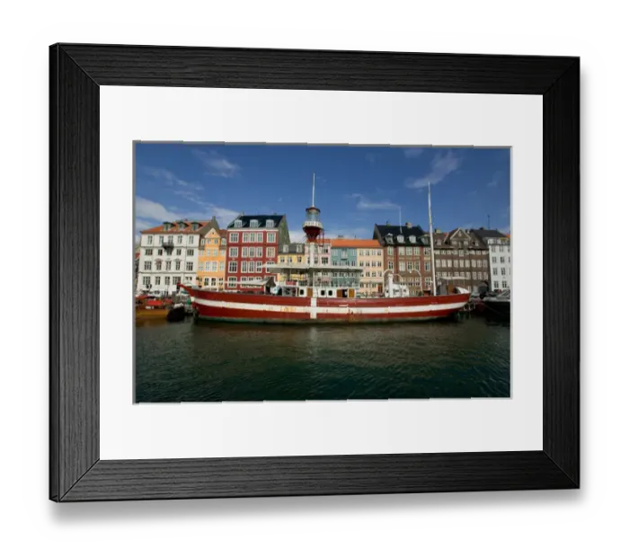 Framed Print : Former lighthouse ship converted to restaurant, Nyhavn, Copenhagen, Denmark