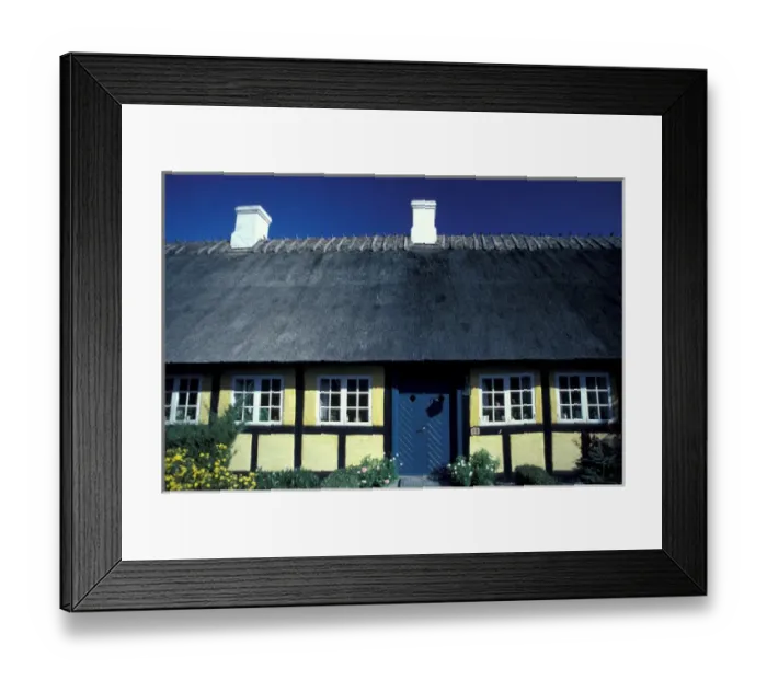 Framed Print : Europe, Denmark, Fyn Island. Tsinge cottage, half-timbered cottage with thatched roof Framed Print : Europe, Denmark, Fyn Island. Tsinge cottage, half-timbered cottage with thatched roof