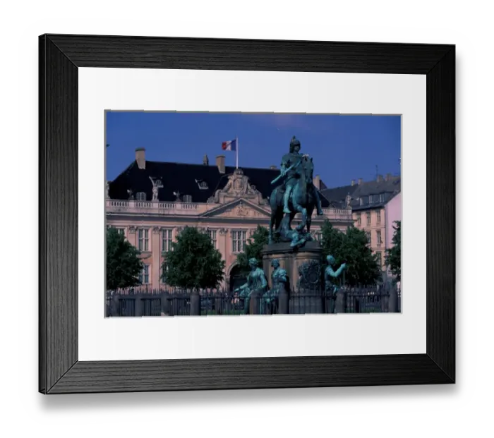 Framed Print : Europe, Denmark, Copenhagen, statue and palace