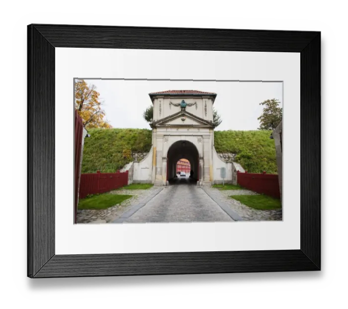 Framed Print : Copenhagen, Denmark - A view of a tunnel entrance to a military barracks. Horizontal shot