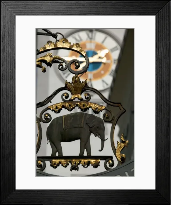 Framed Print : Business sign, clock, Old Salzburg, Austria Framed Print : Business sign, clock, Old Salzburg, Austria