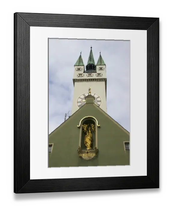 Framed Print : Europe, Germany, Bavaria, Straubing, clock tower on church Framed Print : Europe, Germany, Bavaria, Straubing, clock tower on church