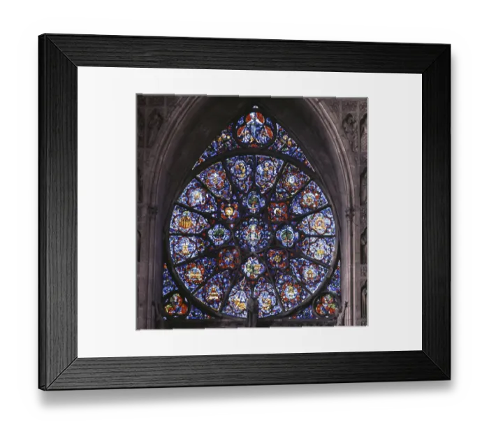 Framed Print : Reims cathedral. Gothic architecture. Rose window. West front. 13th cent Framed Print : Reims cathedral. Gothic architecture. Rose window. West front. 13th cent