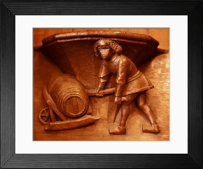Framed Print : Misericord from Beauvais. Cooper. Barrel on a wheel-barrow. 15th cent Framed Print : Misericord from Beauvais. Cooper. Barrel on a wheel-barrow. 15th cent