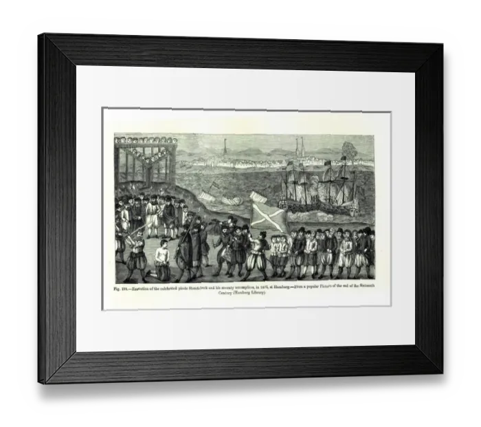 Framed Print : Execution of the pirate Stoertebeck and his 70 accomplices, 1402. Hamburg. 16th cent Framed Print : Execution of the pirate Stoertebeck and his 70 accomplices, 1402. Hamburg. 16th cent