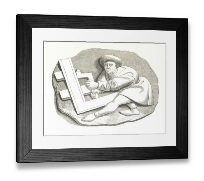 Framed Print : Carpenters Apprentice working on a trial piece. Medieval woodcut