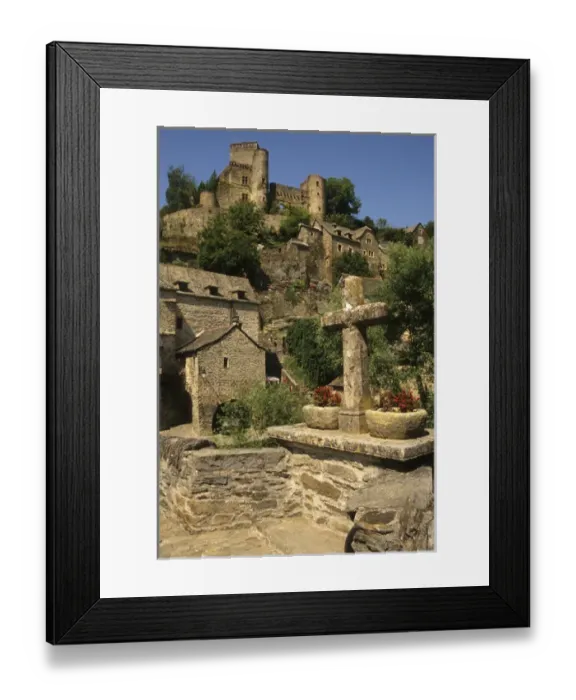 Framed Print : France: Averyon, Belcastel, resting spot and cross in recess of stone bridge of 10th Framed Print : France: Averyon, Belcastel, resting spot and cross in recess of stone bridge of 10th