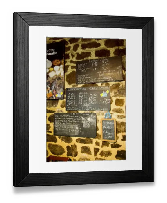 Framed Print : France, Sept Forges, prices of the cider and calvados in the cellar of Patrick Boisgontier