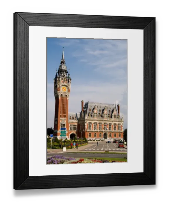 Framed Print : Colorful flowers in sunshine of beautiful Hotel de Ville architecture in small Frence Framed Print : Colorful flowers in sunshine of beautiful Hotel de Ville architecture in small Frence