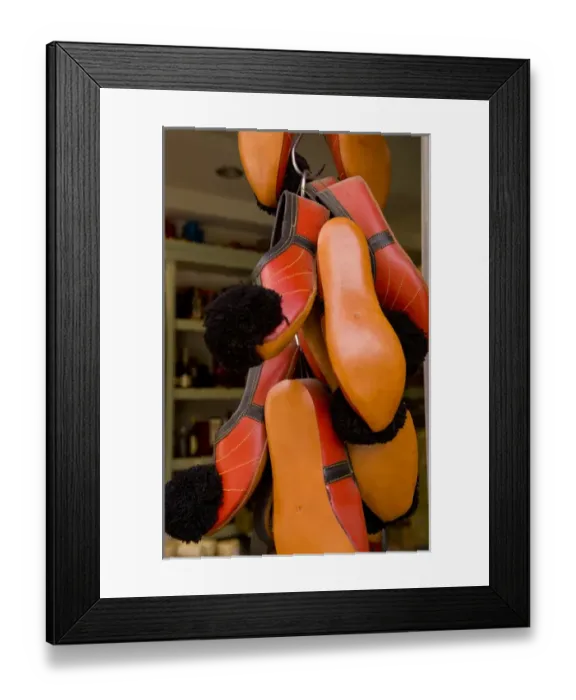 Framed Print : Colorful shoes displayed in a store in the village of Arachova, Greece
