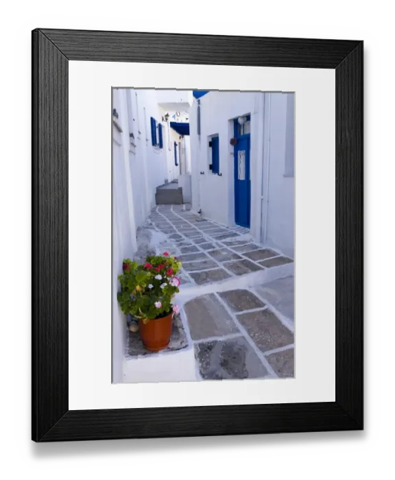 Framed Print : Street scene on a small island town, Naoussa, Paros Island, Greece Framed Print : Street scene on a small island town, Naoussa, Paros Island, Greece