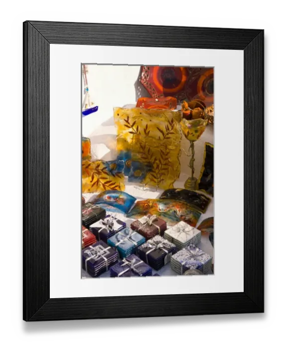 Framed Print : Beautiful glass souvenirs in a shop in Santorini Framed Print : Beautiful glass souvenirs in a shop in Santorini
