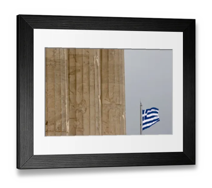 Framed Print : Europe, Greece, Athens, Acropolis. Three pillars of the Parthenon and the Greek flag