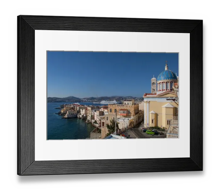 Framed Print : Syros Greece Islands in the Hermoupolis capital white buildings with church St Nicholas Framed Print : Syros Greece Islands in the Hermoupolis capital white buildings with church St Nicholas