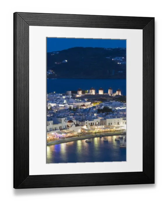 Framed Print : Europe, Greece, Mykonos, Hora. Night view overlooking harbor with illuminated windmills Framed Print : Europe, Greece, Mykonos, Hora. Night view overlooking harbor with illuminated windmills