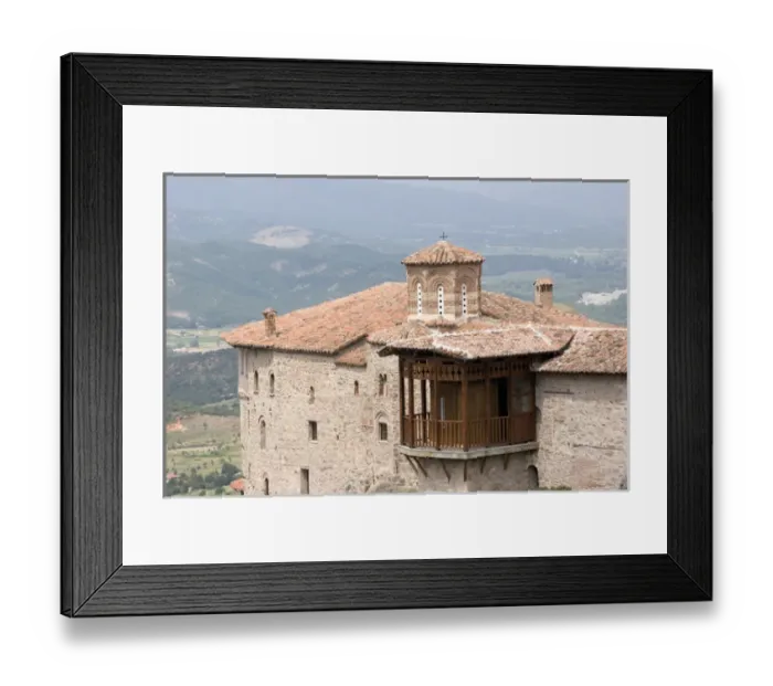 Framed Print : Europe, Greece, Meteora. Overview of Saint Barbara Roussanou Monastery and wood balcony Framed Print : Europe, Greece, Meteora. Overview of Saint Barbara Roussanou Monastery and wood balcony