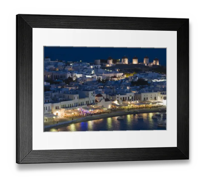 Framed Print : Europe, Greece, Mykonos, Hora. Night view overlooking harbor with illuminated windmills Framed Print : Europe, Greece, Mykonos, Hora. Night view overlooking harbor with illuminated windmills